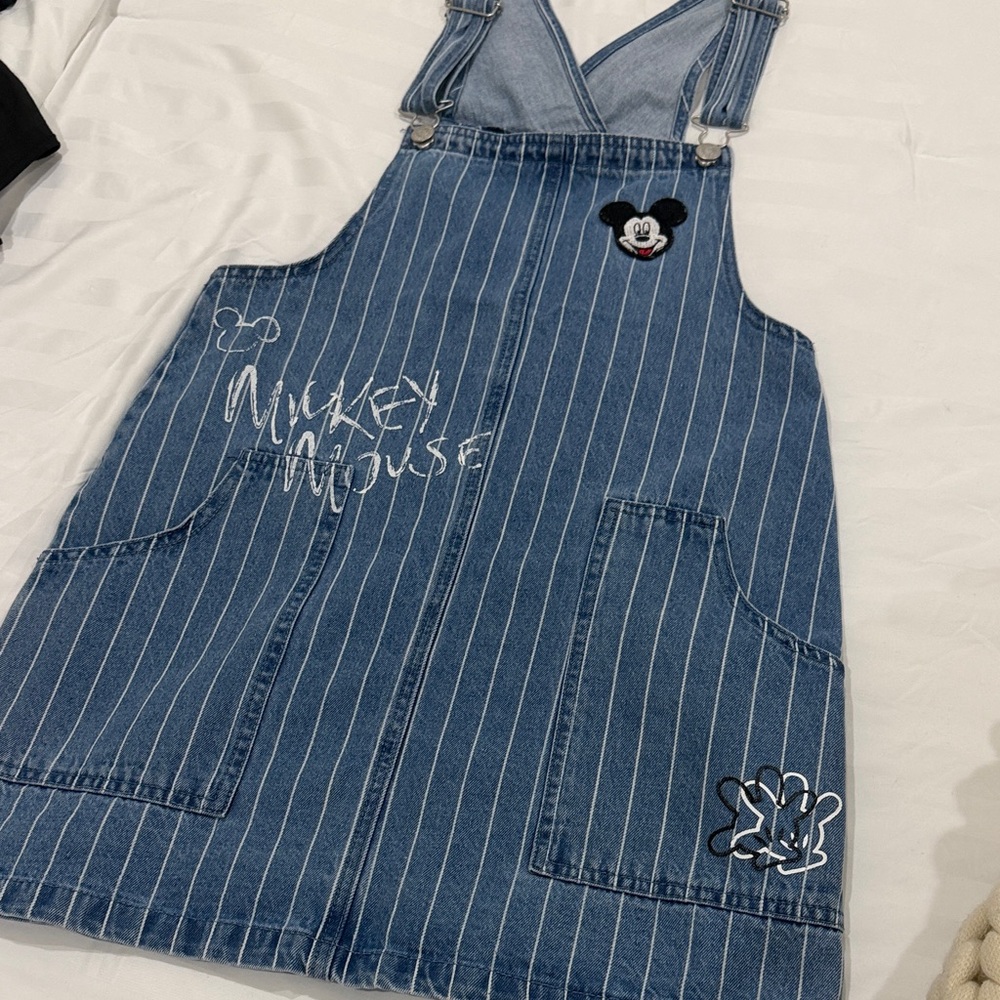 Disney Denim Pinstripe Overall Midi Dress with Mickey Patches